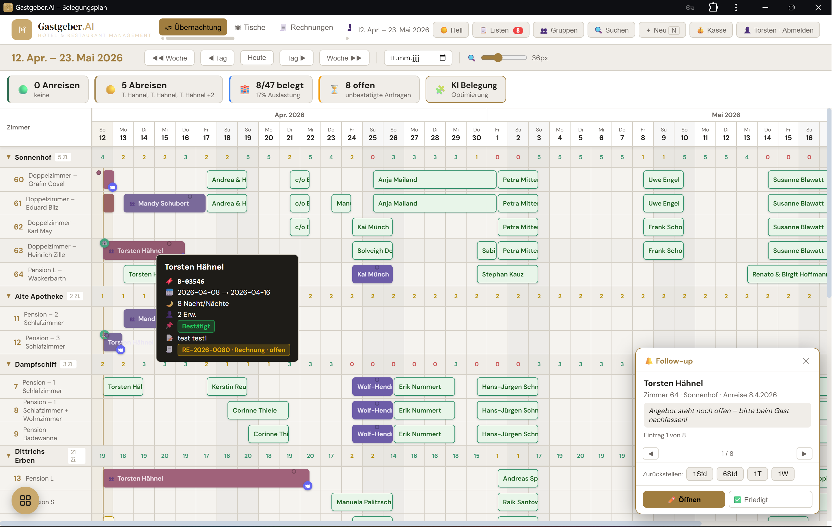 Gastgeber Gantt-Zimmerplanung mit Drag & Drop Reservierungen